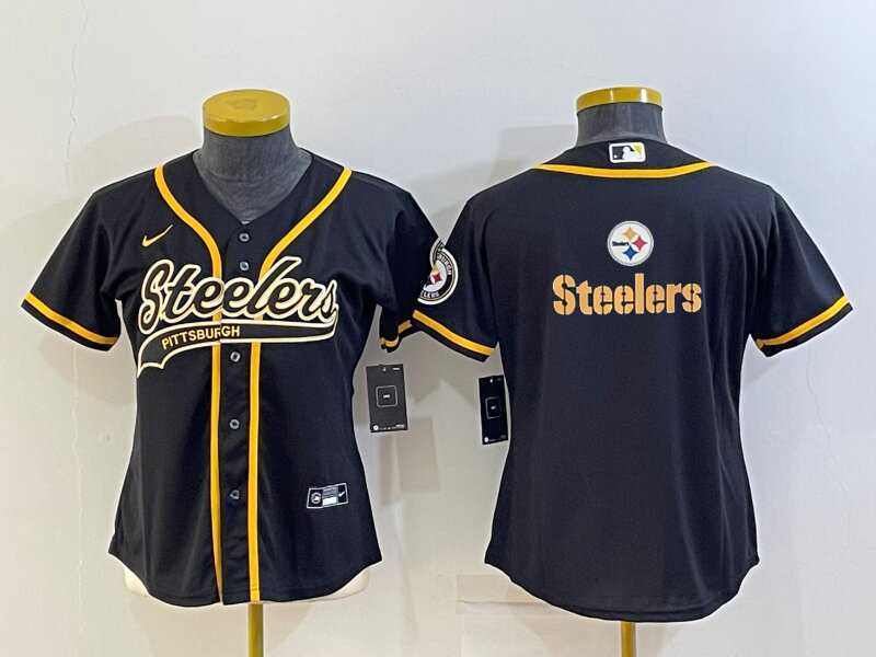 Women%27s Pittsburgh Steelers Black Team Big Logo With Patch Cool Base Stitched Baseball Jersey->women nfl jersey->Women Jersey